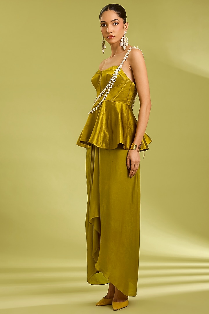Green Georgette Satin Draped Skirt Set by Ewoke at Pernia's Pop Up Shop