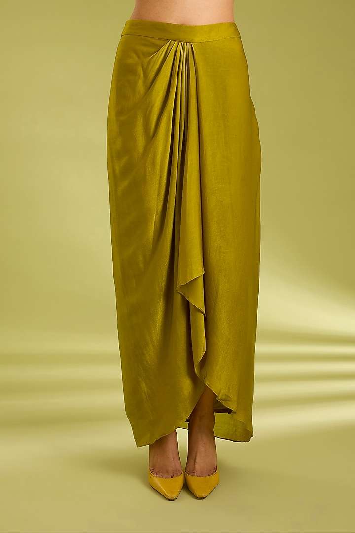 Green Georgette Satin Draped Skirt Set by Ewoke at Pernia's Pop Up Shop