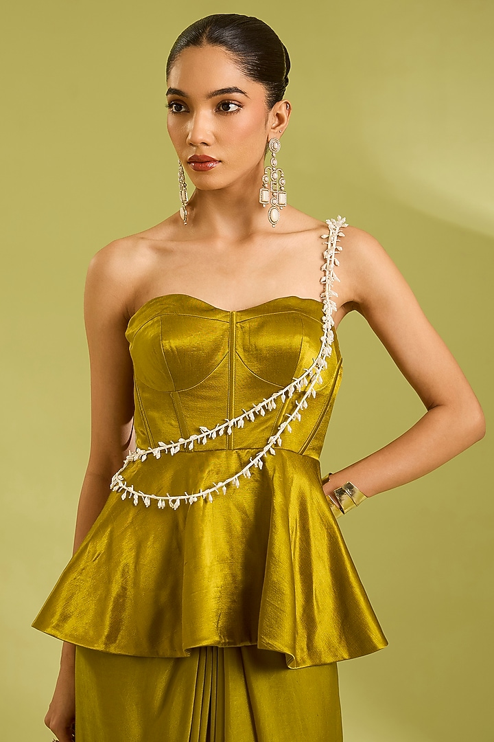 Green Georgette Satin Draped Skirt Set by Ewoke at Pernia's Pop Up Shop