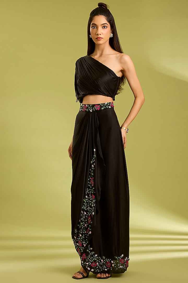 Black Georgette Satin Cowl Draped Skirt Set by Ewoke at Pernia's Pop Up Shop