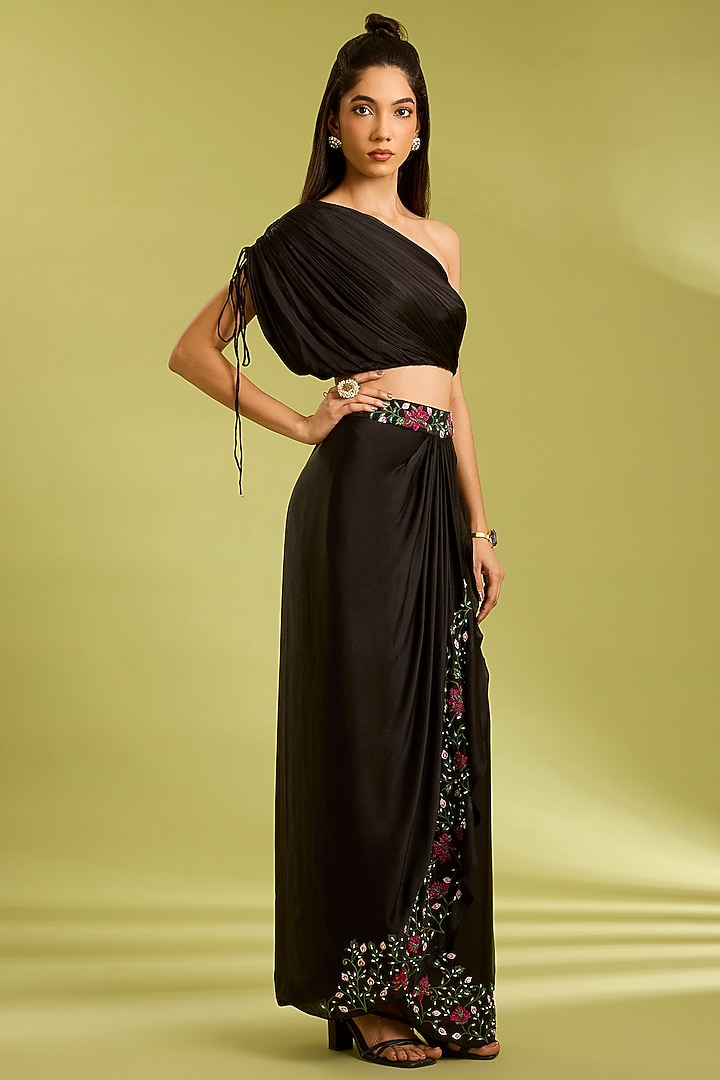 Black Georgette Satin Cowl Draped Skirt Set by Ewoke at Pernia's Pop Up Shop