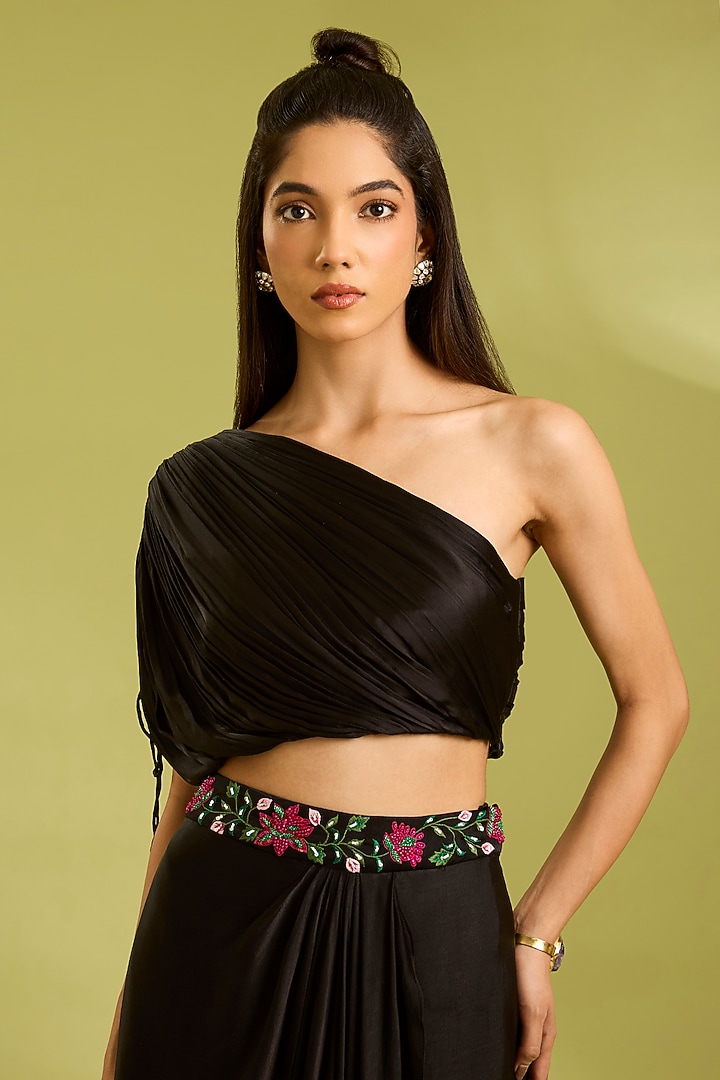 Black Georgette Satin Cowl Draped Skirt Set by Ewoke at Pernia's Pop Up Shop