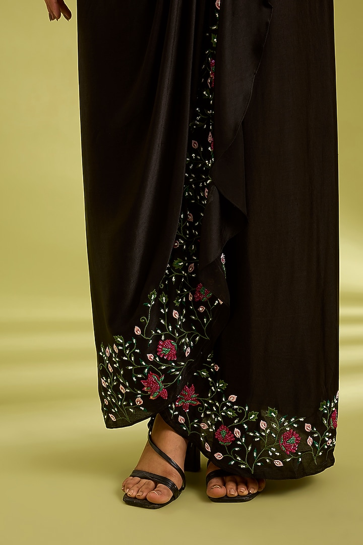 Black Georgette Satin Cowl Draped Skirt Set by Ewoke at Pernia's Pop Up Shop