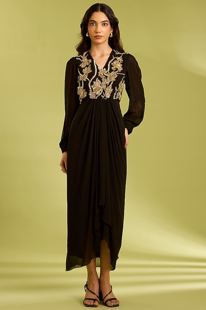 Black Georgette Cutdana Embroidered Draped Vacation Dress by Ewoke at Pernia's Pop Up Shop