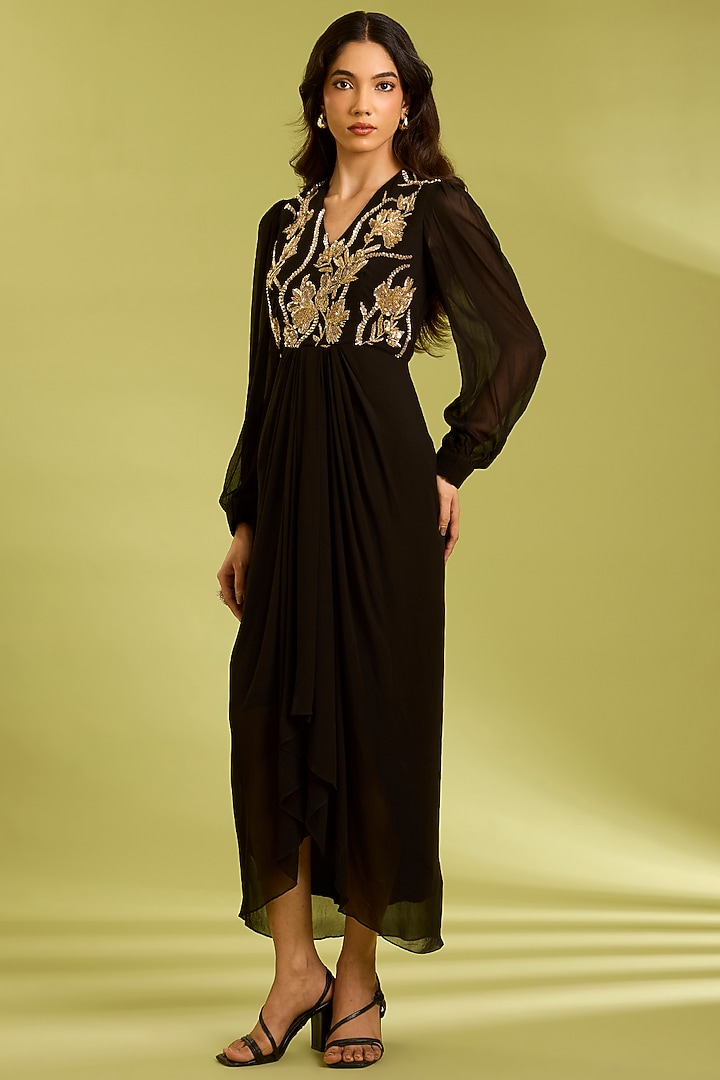 Black Georgette Cutdana Embroidered Draped Vacation Dress by Ewoke at Pernia's Pop Up Shop