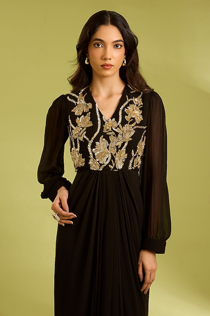 Black Georgette Cutdana Embroidered Draped Vacation Dress by Ewoke at Pernia's Pop Up Shop