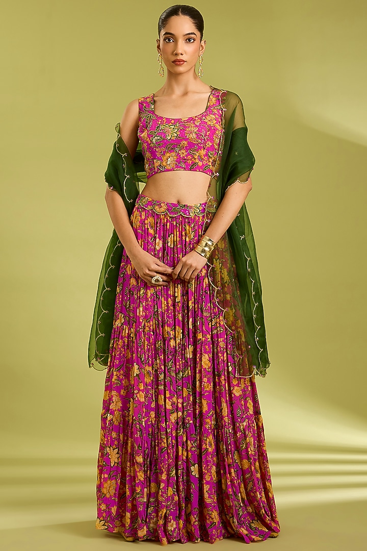 Pink Crepe Floral Printed Lehenga Set by Ewoke at Pernia's Pop Up Shop