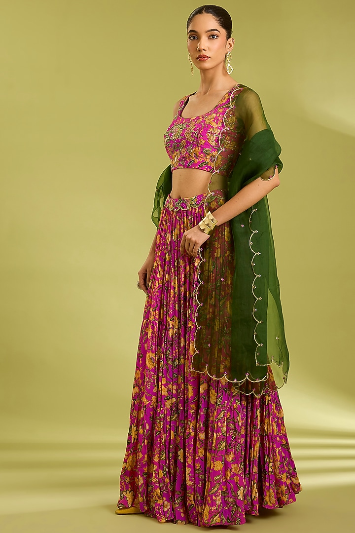 Pink Crepe Floral Printed Lehenga Set by Ewoke at Pernia's Pop Up Shop