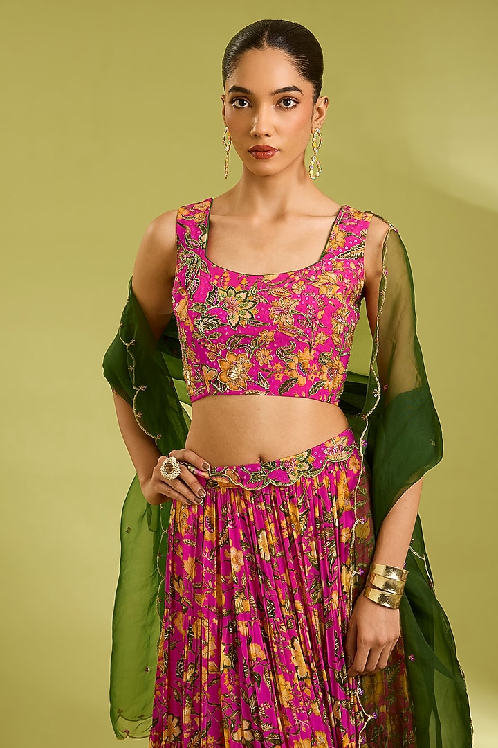 Pink Crepe Floral Printed Lehenga Set by Ewoke at Pernia's Pop Up Shop
