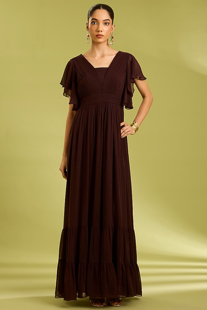 Brown Mocha Georgette Pleated Draped Summer Dress by Ewoke at Pernia's Pop Up Shop