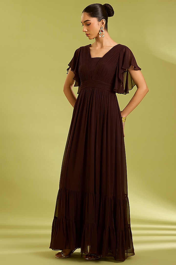 Brown Mocha Georgette Pleated Draped Summer Dress by Ewoke at Pernia's Pop Up Shop