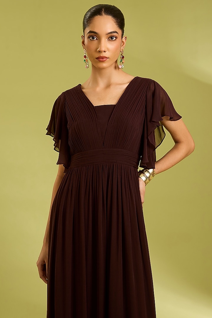 Brown Mocha Georgette Pleated Draped Summer Dress by Ewoke at Pernia's Pop Up Shop