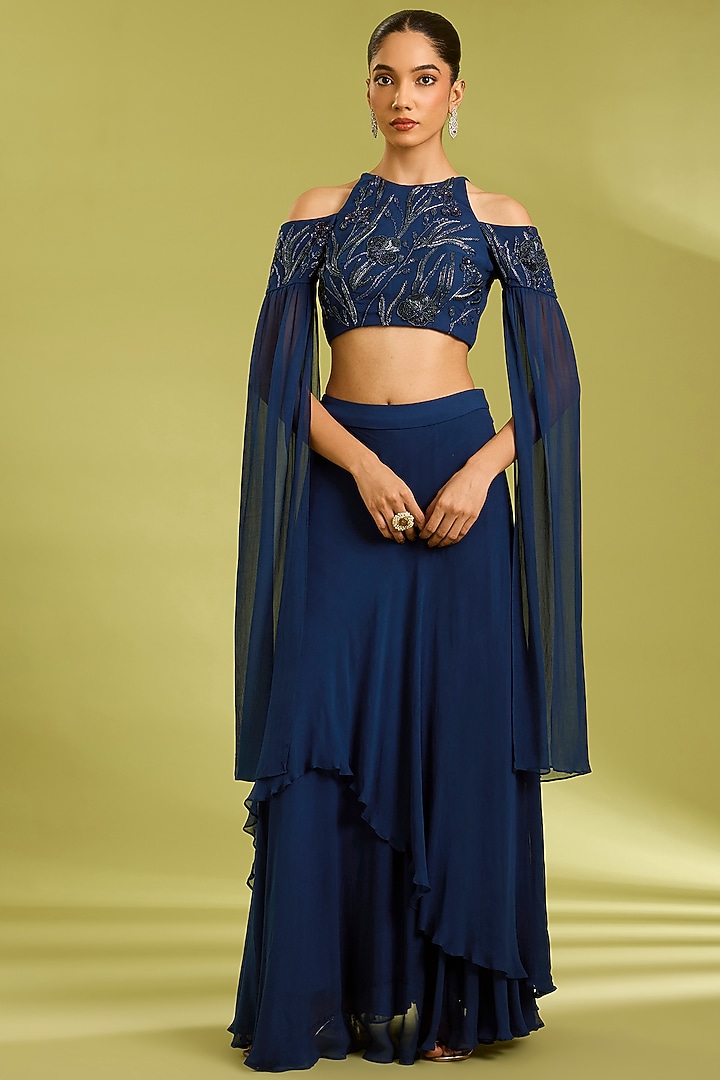 Midnight Blue Georgette Lehenga Set by Ewoke at Pernia's Pop Up Shop