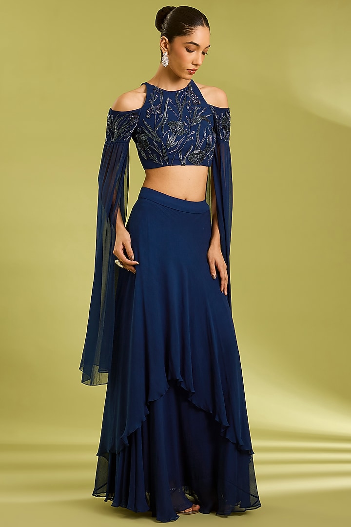 Midnight Blue Georgette Lehenga Set by Ewoke at Pernia's Pop Up Shop