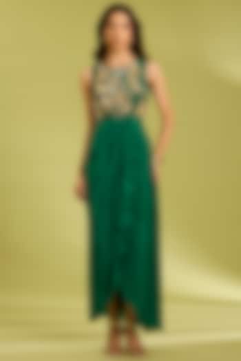 Green Crepe Golden Floral Embroidered Draped Summer Dress by Ewoke at Pernia's Pop Up Shop