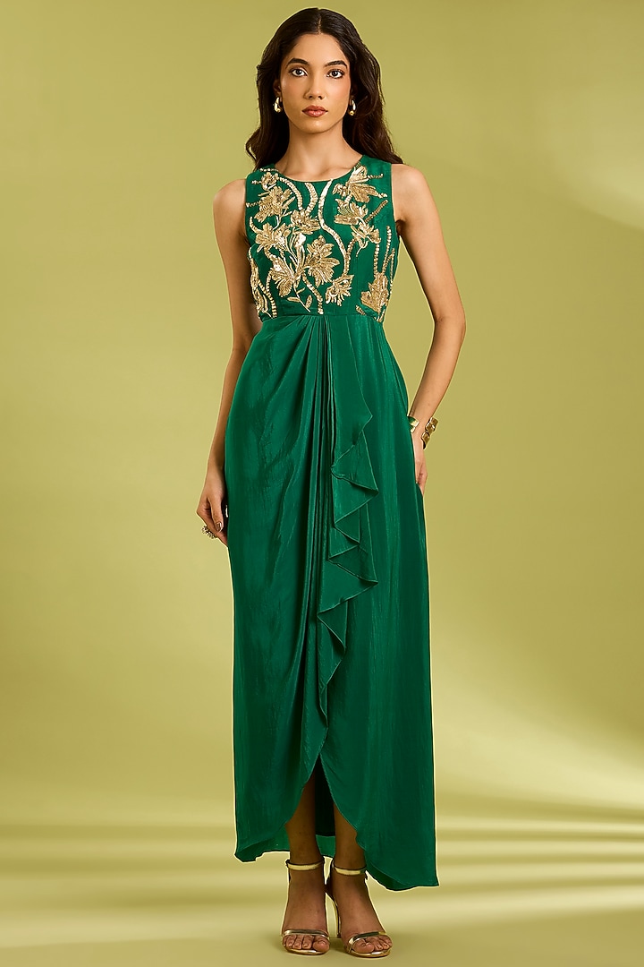 Green Crepe Golden Floral Embroidered Draped Summer Dress by Ewoke at Pernia's Pop Up Shop
