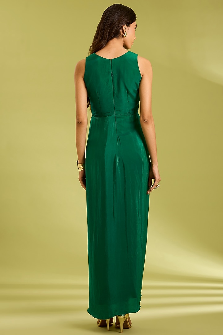 Green Crepe Golden Floral Embroidered Draped Summer Dress by Ewoke at Pernia's Pop Up Shop
