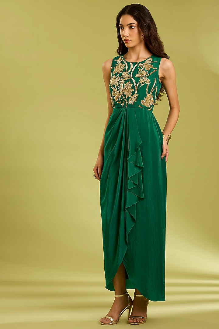 Green Crepe Golden Floral Embroidered Draped Summer Dress by Ewoke at Pernia's Pop Up Shop