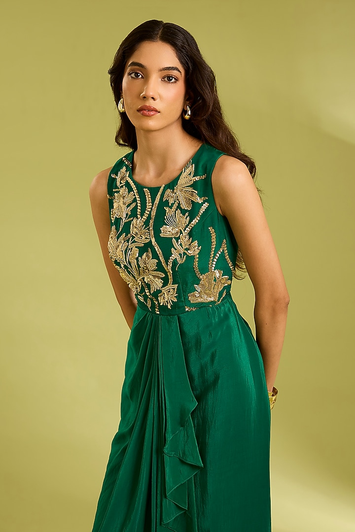 Green Crepe Golden Floral Embroidered Draped Summer Dress by Ewoke at Pernia's Pop Up Shop