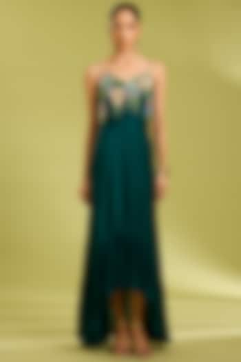 Green Georgette Satin Cutwork Embroidered Ruffled Summer Dress by Ewoke at Pernia's Pop Up Shop