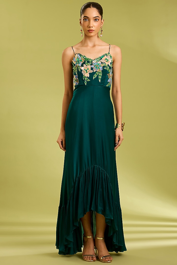 Green Georgette Satin Cutwork Embroidered Ruffled Summer Dress by Ewoke at Pernia's Pop Up Shop