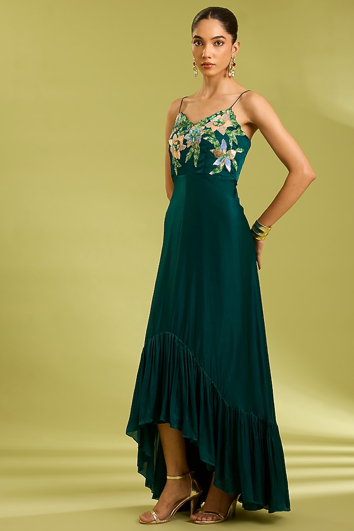 Green Georgette Satin Cutwork Embroidered Ruffled Summer Dress by Ewoke at Pernia's Pop Up Shop