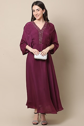 Wine Embellished Draped Dress by Ewoke