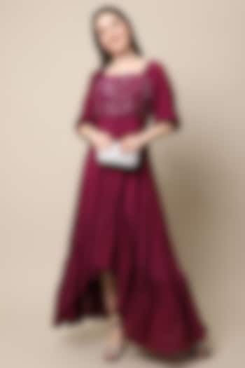 Wine Handcrafted Ruffled Dress by Ewoke