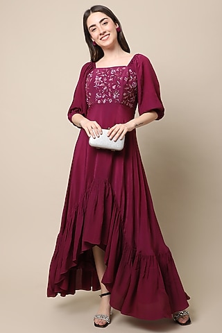 Wine Handcrafted Ruffled Dress by Ewoke