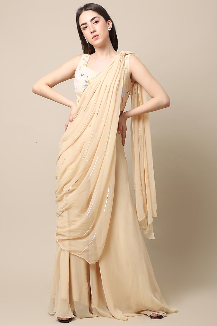 Beige Georgette Lehenga Saree Set by Ewoke