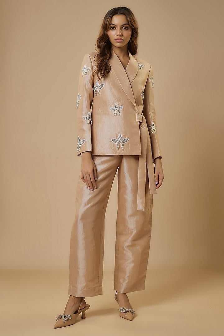 Champagne Khadi Silk Embroidered Jacket Set by Ewoke at Pernia's Pop Up Shop