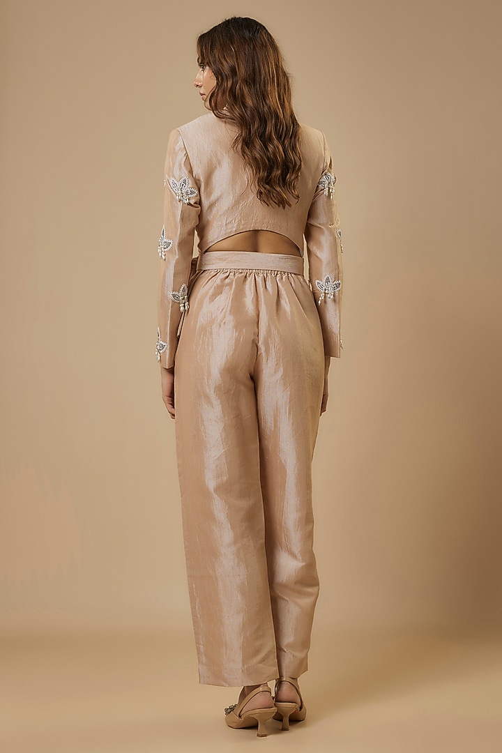 Champagne Khadi Silk Embroidered Jacket Set by Ewoke at Pernia's Pop Up Shop