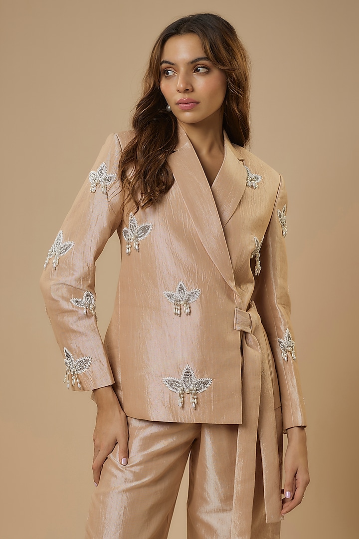Champagne Khadi Silk Embroidered Jacket Set by Ewoke at Pernia's Pop Up Shop