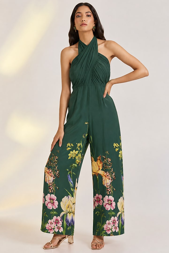 Green Crepe Floral Printed Jumpsuit by Ewoke at Pernia's Pop Up Shop