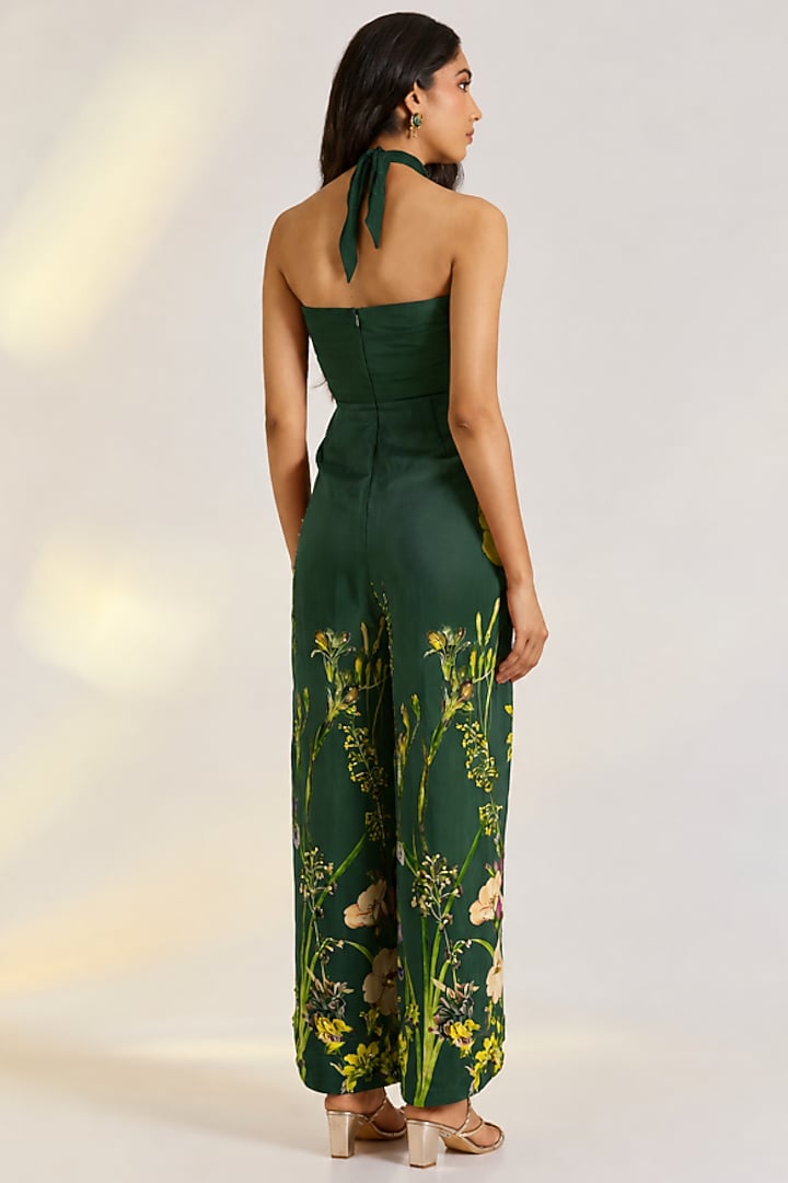 Green Crepe Floral Printed Jumpsuit by Ewoke at Pernia's Pop Up Shop