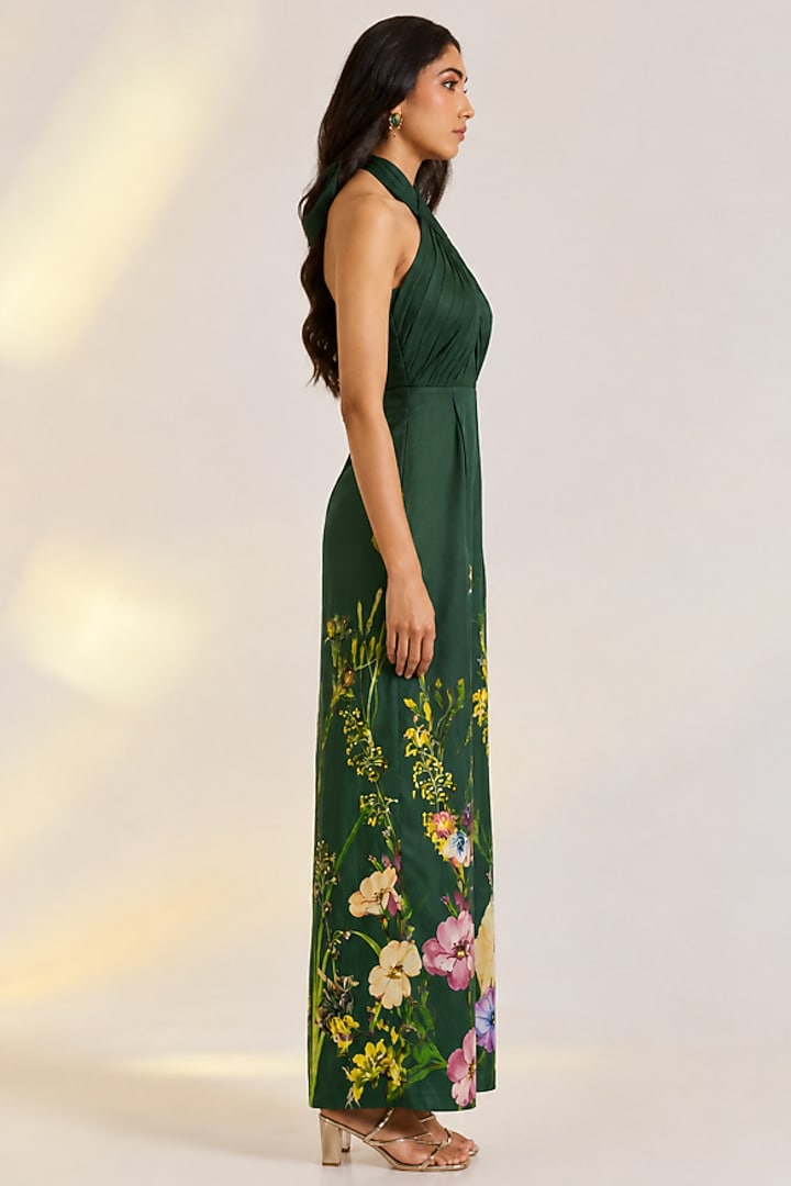 Green Crepe Floral Printed Jumpsuit by Ewoke at Pernia's Pop Up Shop