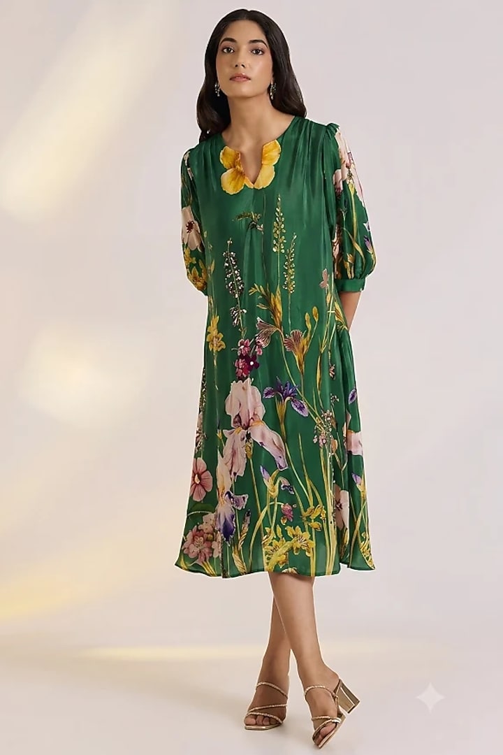 Green Crepe Floral Printed Summer Dress by Ewoke at Pernia's Pop Up Shop