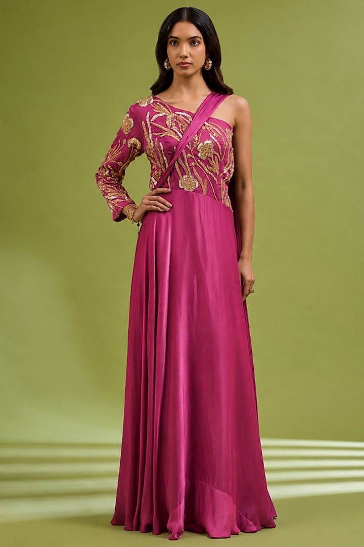 Pink Georgette Satin Embellished One-Shoulder Party Wear Gown by Ewoke at Pernia's Pop Up Shop