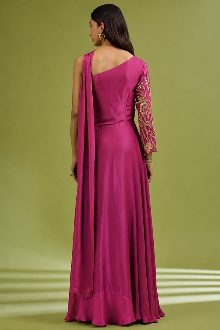 Pink Georgette Satin Embellished One-Shoulder Party Wear Gown by Ewoke at Pernia's Pop Up Shop