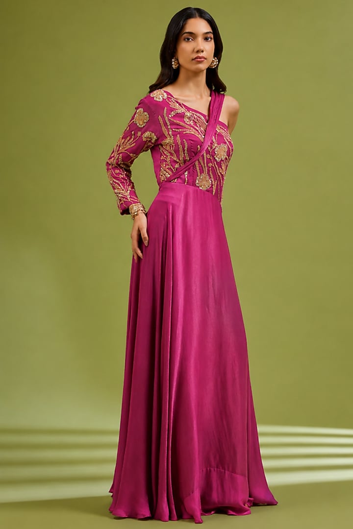 Pink Georgette Satin Embellished One-Shoulder Party Wear Gown by Ewoke at Pernia's Pop Up Shop