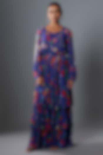 Blue Chiffon Hand Embellished Maxi Dress by Ewoke
