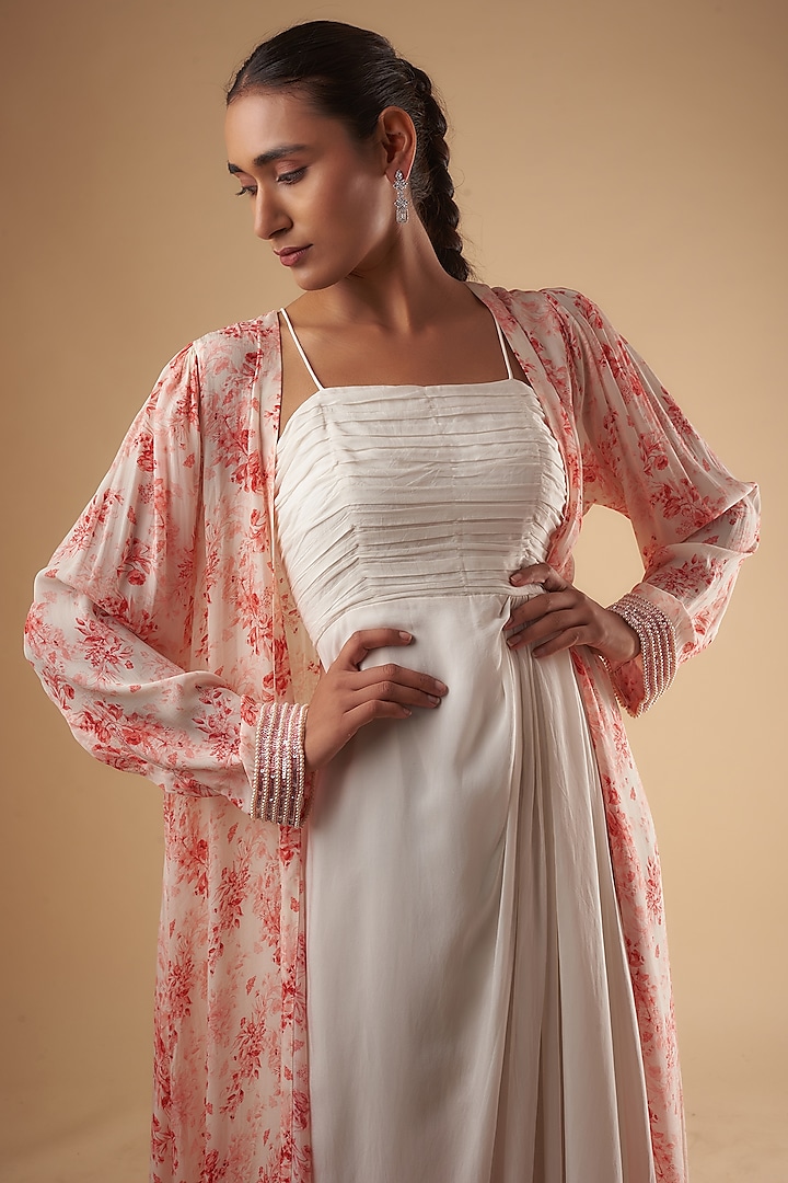 Ivory Crepe Floral Printed Jacket Vacation Dress by Ewoke at Pernia's Pop Up Shop