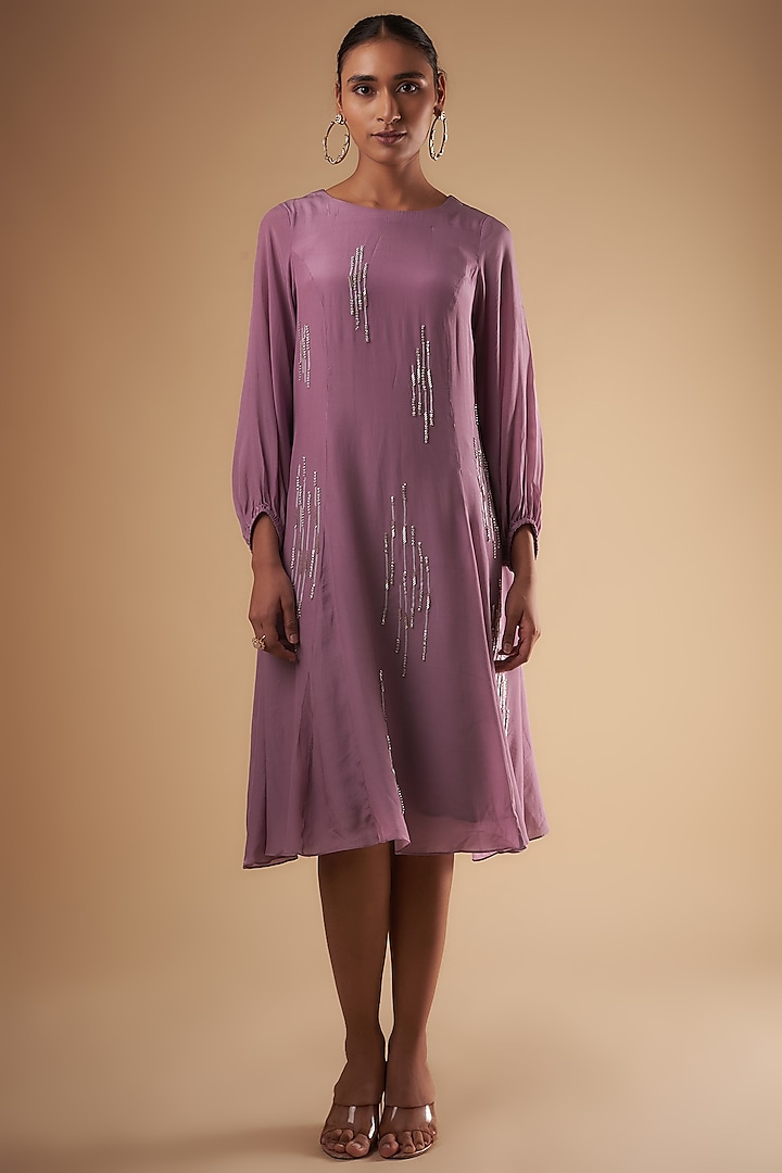Purple Crepe Embroidered Paneled Dress by Ewoke