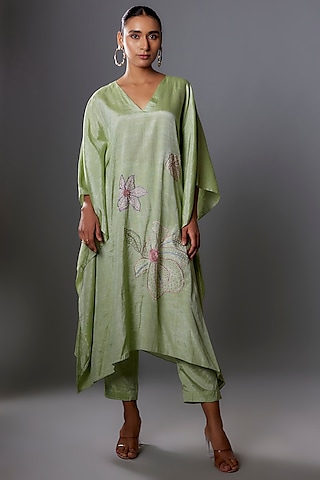 Sage Green Khadi Bugle Beads Hand Embroidered Kaftan Set by Ewoke