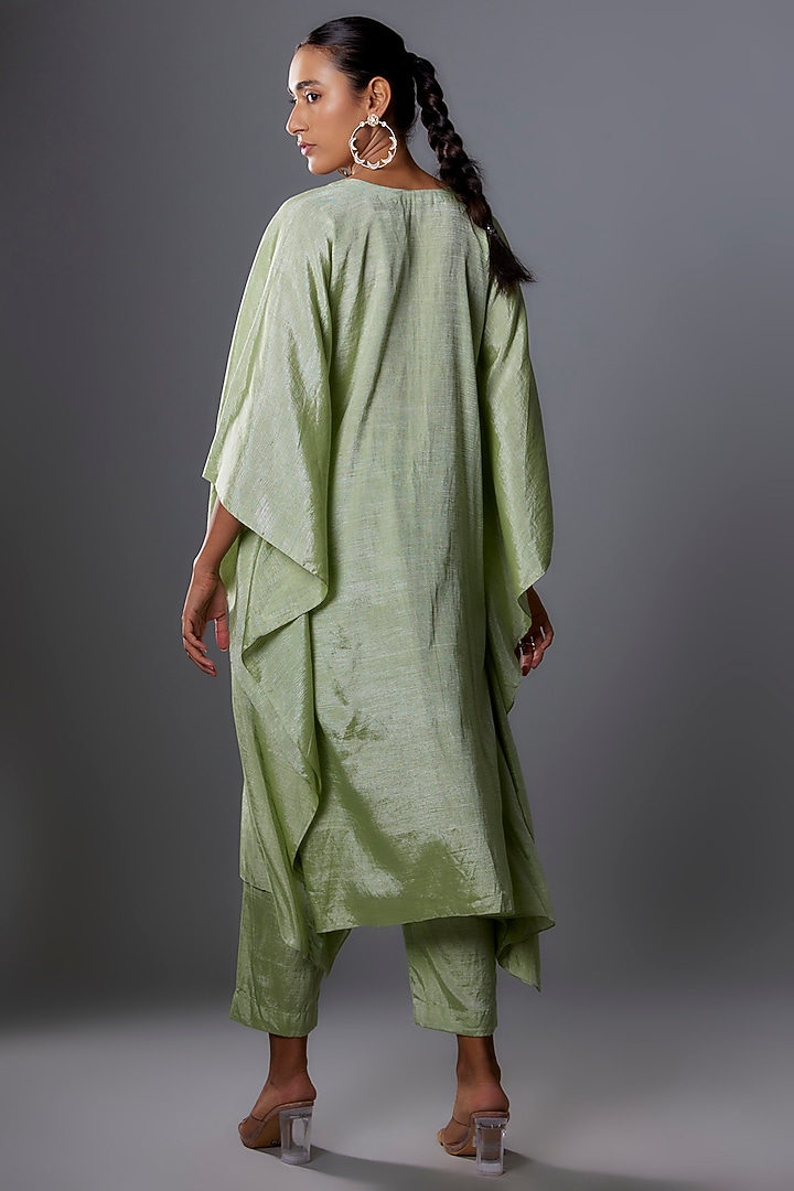 Sage Green Khadi Bugle Beads Hand Embroidered Kaftan Set by Ewoke at Pernia's Pop Up Shop