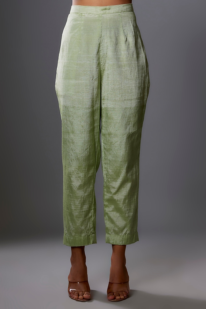 Sage Green Khadi Bugle Beads Hand Embroidered Kaftan Set by Ewoke at Pernia's Pop Up Shop