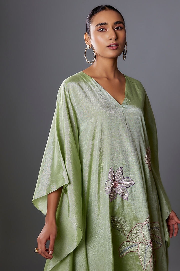 Sage Green Khadi Bugle Beads Hand Embroidered Kaftan Set by Ewoke at Pernia's Pop Up Shop