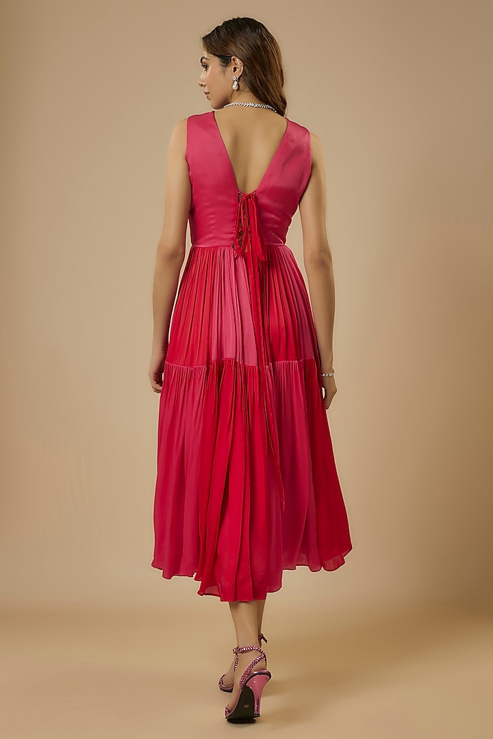 Red & Rani Pink Georgette Satin Cutwork Hand Embroidered Party Wear Gown by Ewoke at Pernia's Pop Up Shop