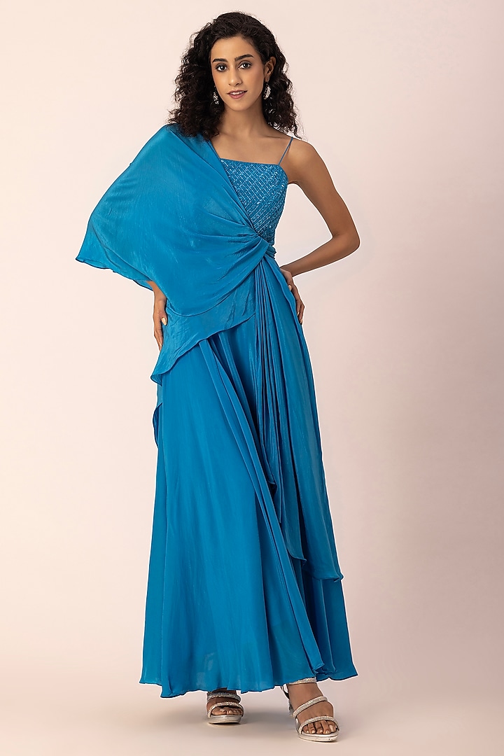 Blue Crepe Draped Gown by Ewoke