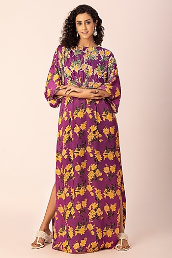 Purple Satin Pearl Hand Embroidered Kaftan by Ewoke at Pernia's Pop Up Shop